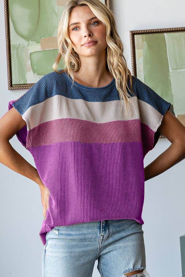 Berry Bliss Ribbed Color Block Top | Relaxed Fit Short Sleeve Tee