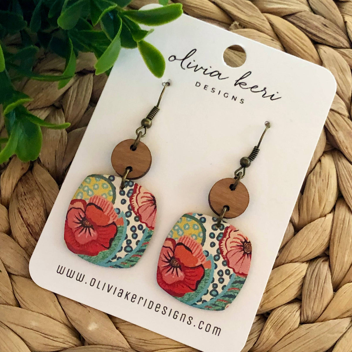 Nora Spring Fling Floral Cork Earrings – Colorful Leather Dangle Earrings with Wood Accent