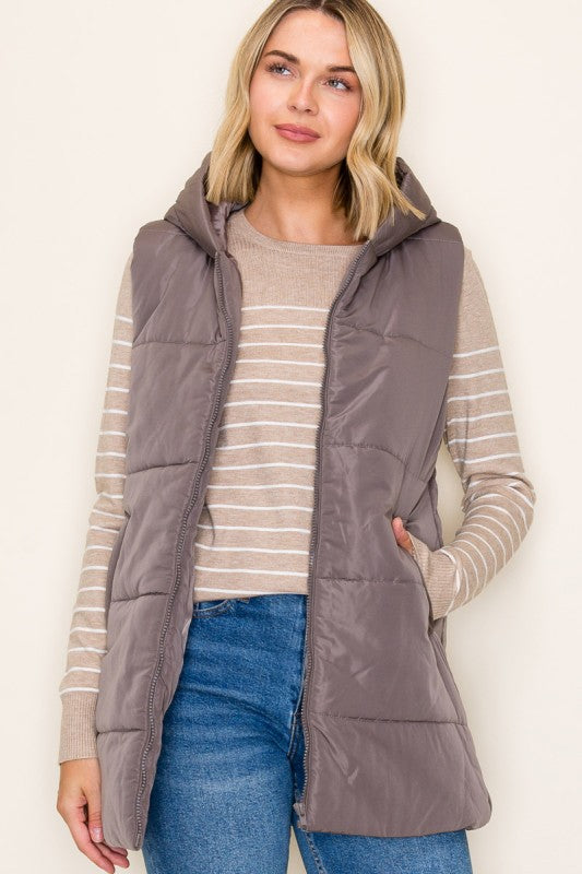 The Briar Hooded Puffer Vest – Gunmetal & Evergreen Mist