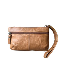 Prairie Belle Genuine Cowhide Leather Clutch Purse | Handcrafted Mini Wristlet Bag with Woven Accents & Zipper Pocket | Available in Black & Tan