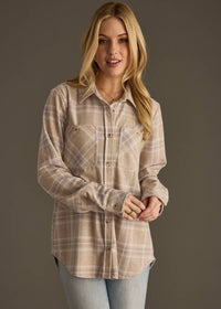 The Sutton Soft Brushed Plaid Button-Up – Mauve/ Tan/ White