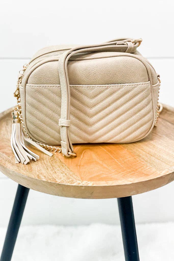 Veronica V-Stitch Tassel Crossbody Bag – Coffee & Stone | Faux Leather Small Purse with Double Zipper Top, Adjustable Strap, Gold Hardware