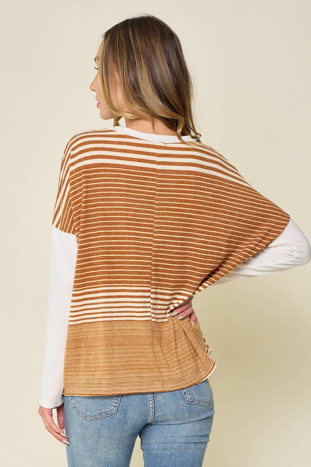 The Hadley Mixed Stripe Long Sleeve Knit Top – Mustard + Ivory Colorblock Pullover