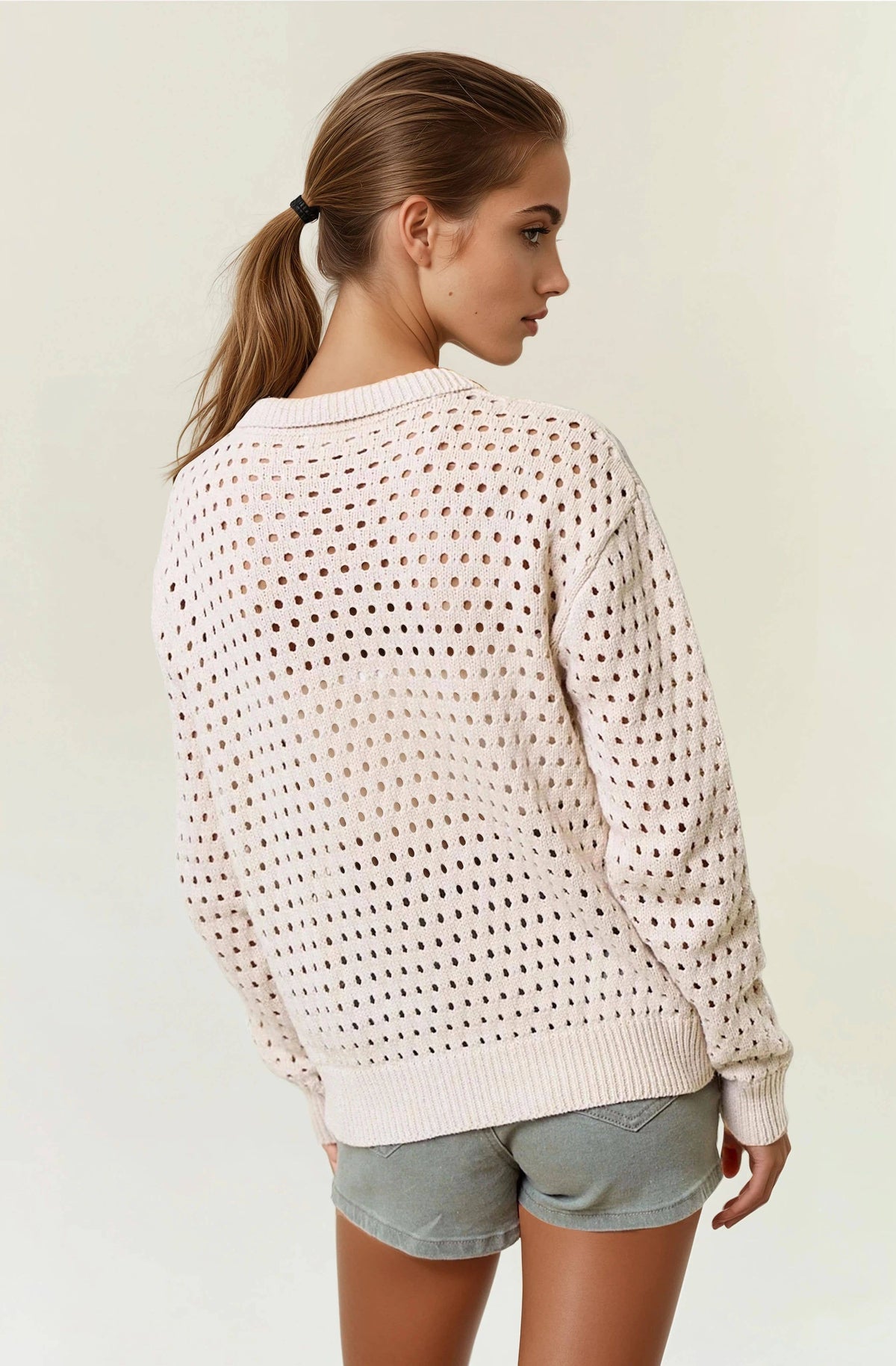 The Lila Open Stitch Polo Sweater – Natural Cream