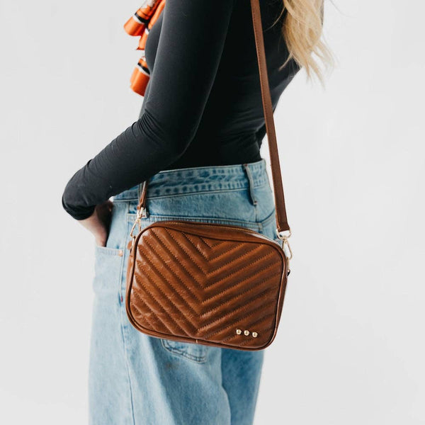 The Coco Quilted Camera Crossbody Bag –  Tan Vegan Leather