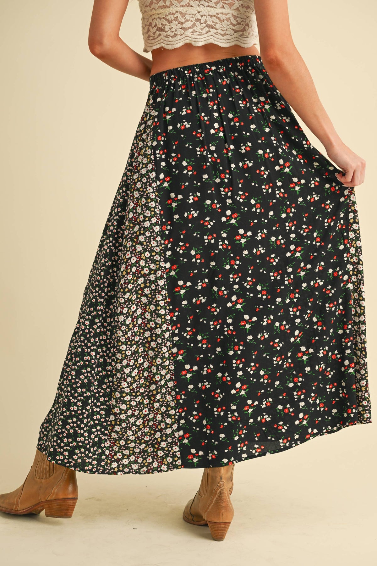 Melanie Floral Patchwork Maxi Skirt – Boho High Waist Flowy Skirt