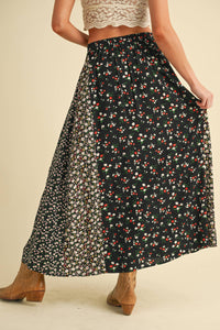 Melanie Floral Patchwork Maxi Skirt – Boho High Waist Flowy Skirt