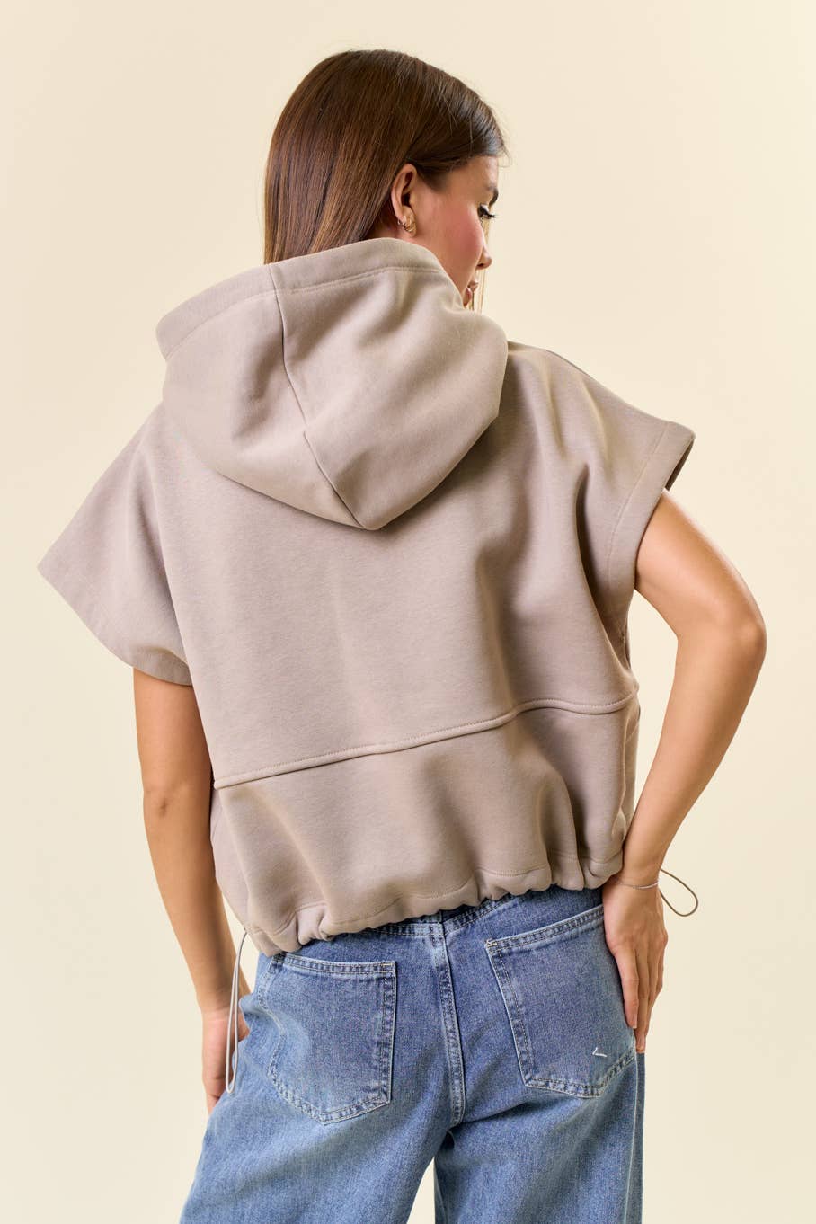 Blaire Oversized Cropped Sleeveless Hoodie – Fleece Drawstring Hem