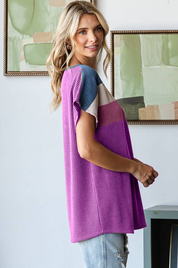 Berry Bliss Ribbed Color Block Top | Relaxed Fit Short Sleeve Tee