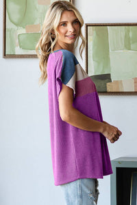 Berry Bliss Ribbed Color Block Top | Relaxed Fit Short Sleeve Tee