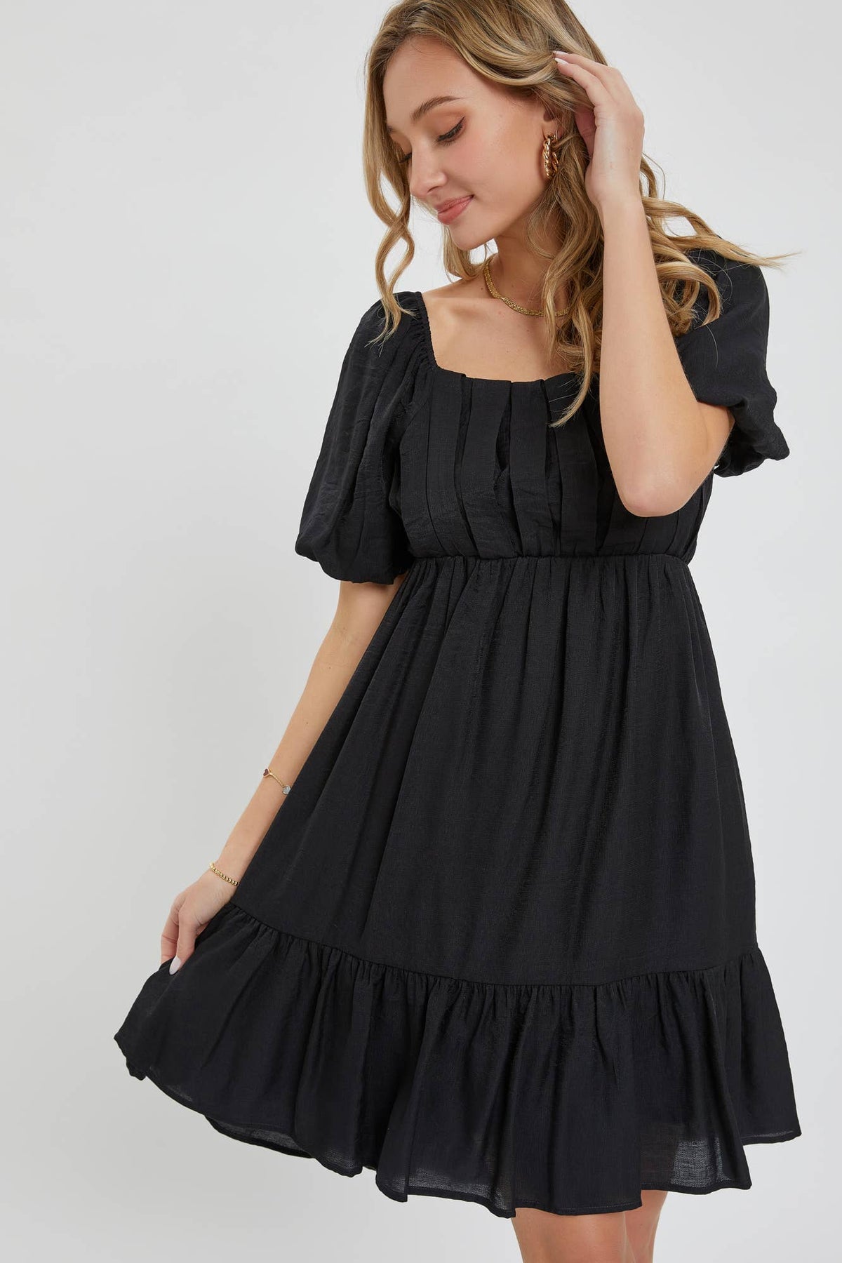 Delilah Black Puff Sleeve Babydoll Mini Dress – Flowy Square Neck Dress for Special Occasion