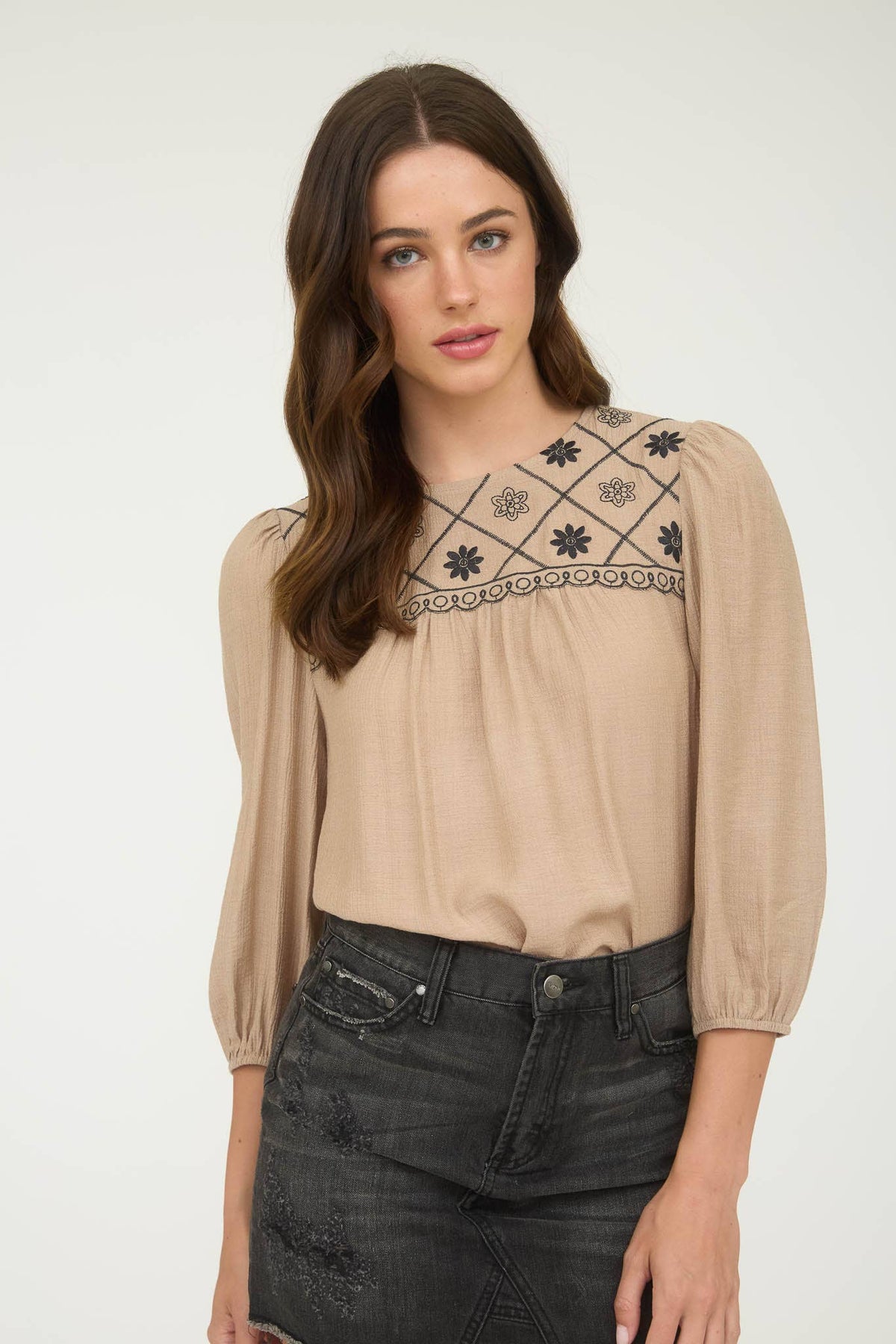 The Rylie Embroidered Yoke Blouse – 3/4 Sleeve Boho Top (Navy or Taupe)