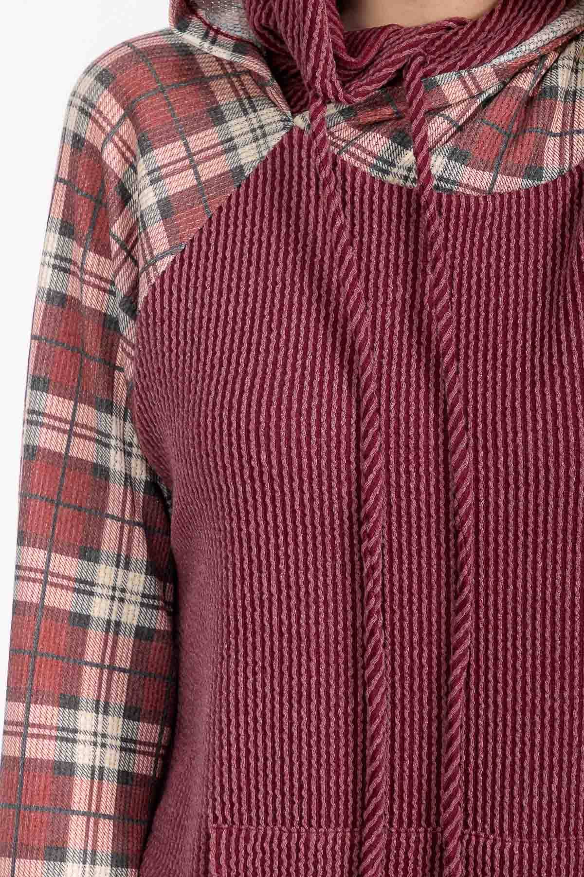 Everly Plaid Contrast Double Hooded Pullover – Ribbed Knit Hoodie with Thumbholes