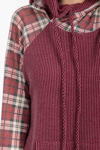 Everly Plaid Contrast Double Hooded Pullover – Ribbed Knit Hoodie with Thumbholes