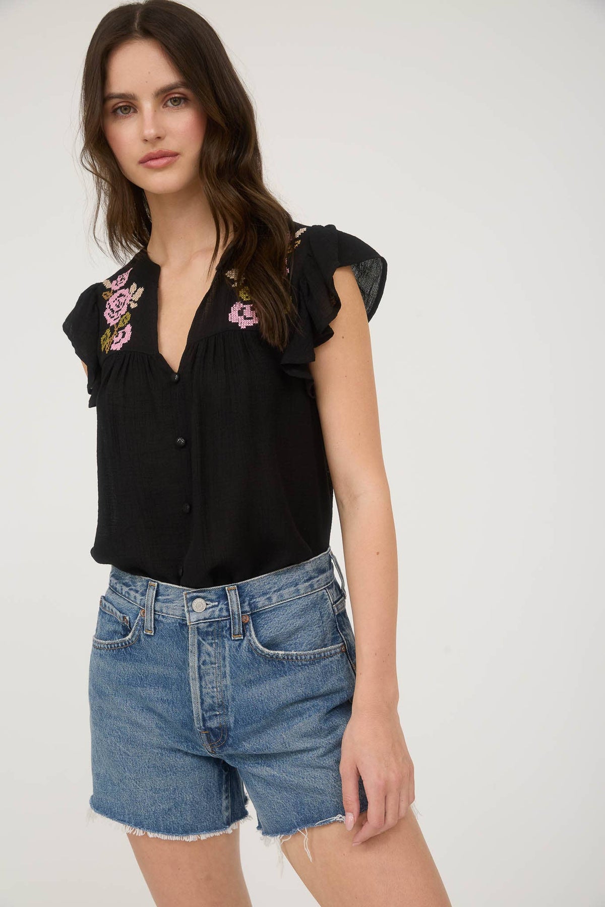 The Callie Embroidered Ruffle Sleeve Top – Black Button Front Blouse