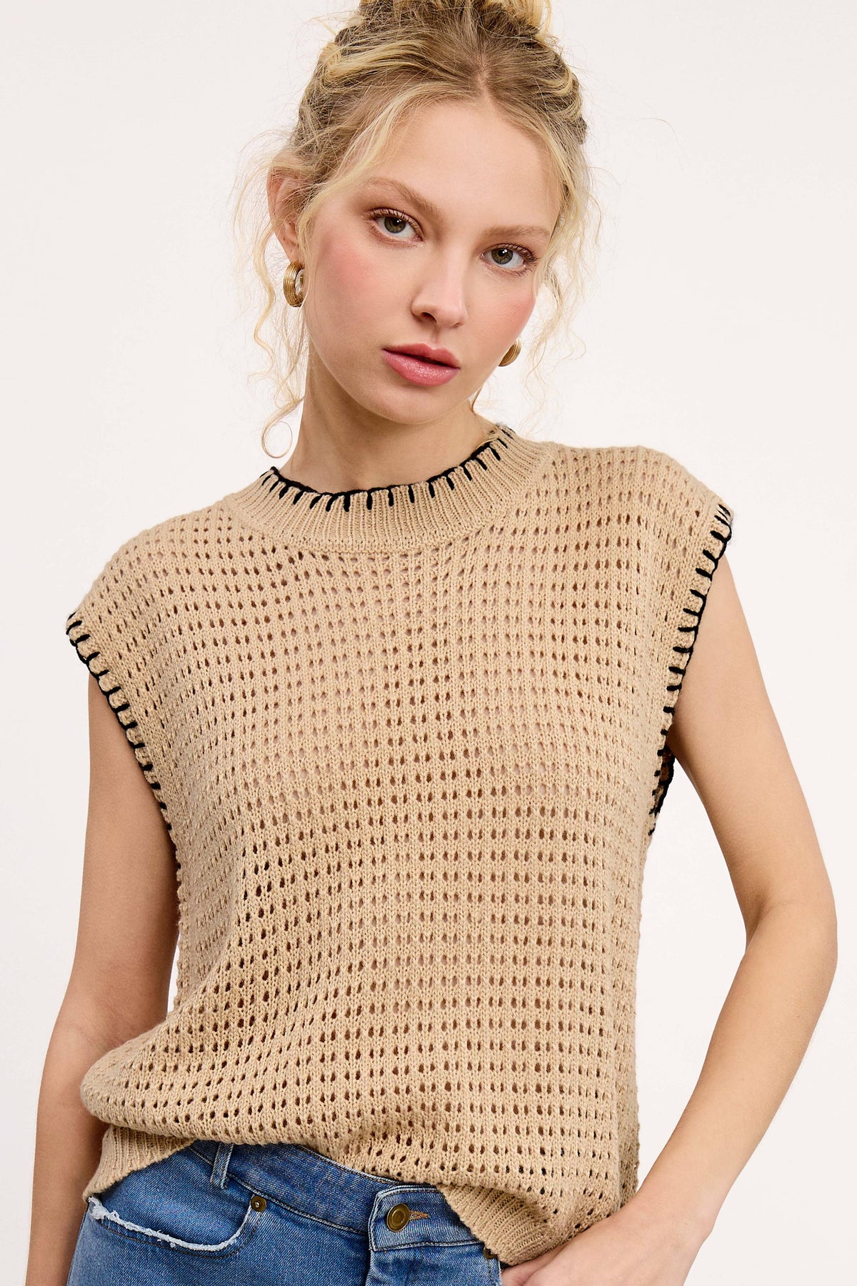 Sutton Sleeveless Knit Sweater Vest – Relaxed Fit Layering Top with Contrast Stitch Detail