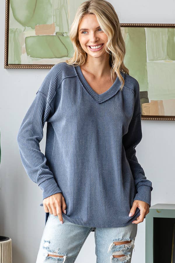 Sadie Ribbed V-Neck Long Sleeve Top – Relaxed Fit Textured Knit
