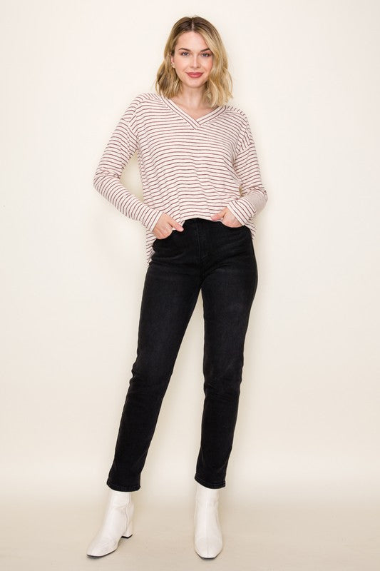 Staccato Striped Hacci V-Neck Long Sleeve Top – Soft Stretch Knit with Side Slits