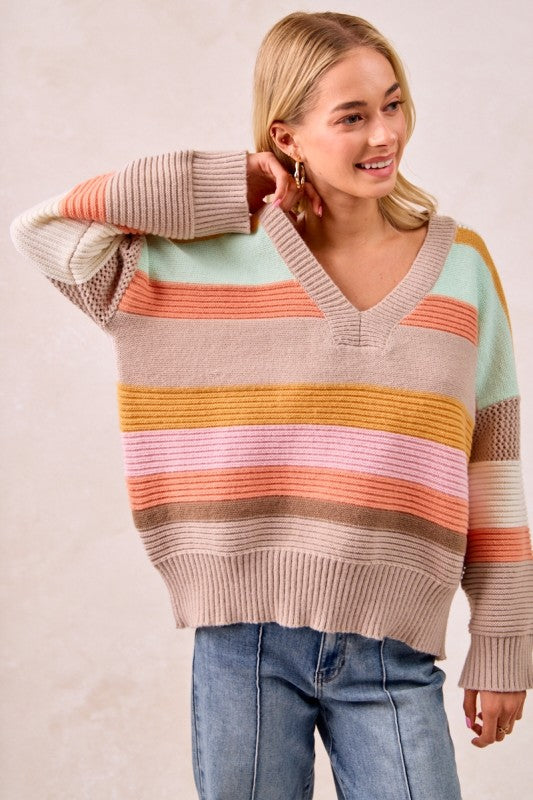 The Mabel Multi Stripe V-Neck Sweater – Pastel Rainbow Knit Pullover