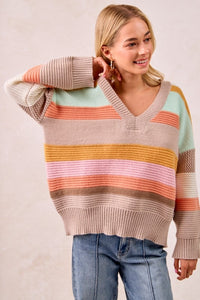 The Mabel Multi Stripe V-Neck Sweater – Pastel Rainbow Knit Pullover