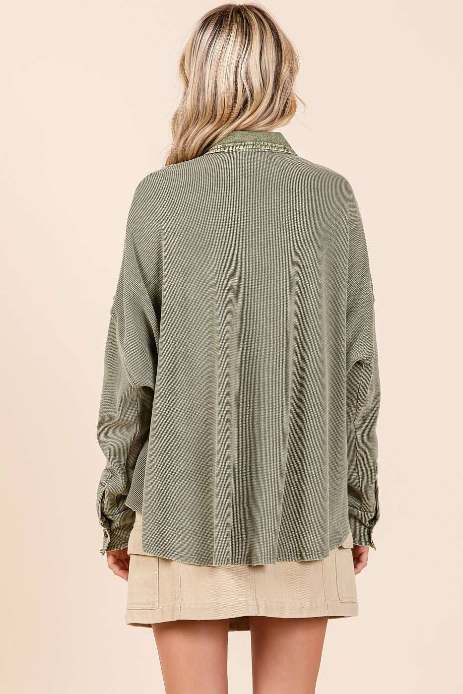 The Rowan Mineral Wash Waffle Knit Top – Olive Green Henley Pullover