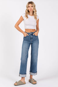 Ella High Rise Relaxed Straight Jeans with Cuffed Hem – Medium Wash