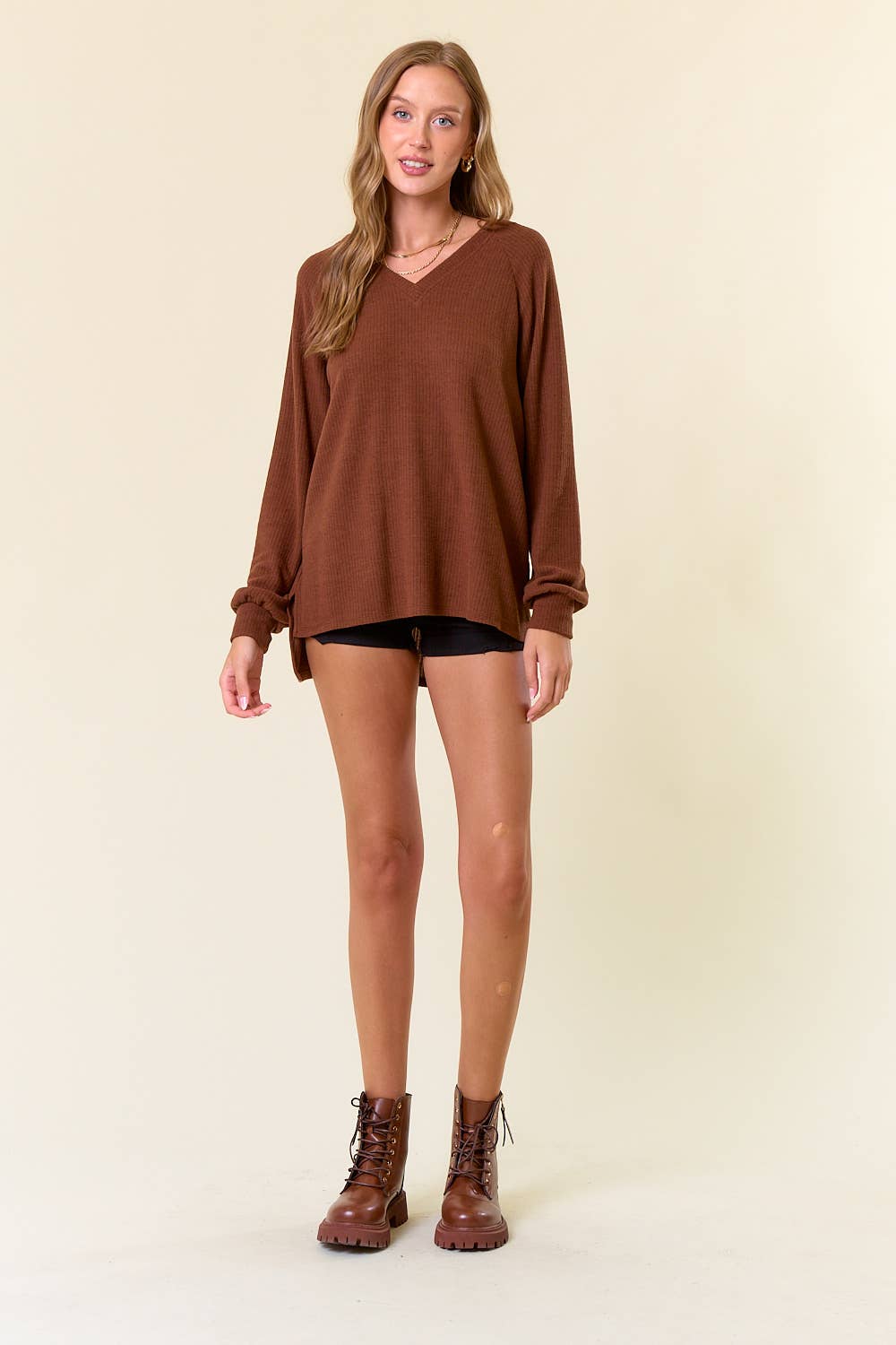 Iris Brushed Rib Double V-Neck Raglan Long Sleeve Sweater Top: Coffee