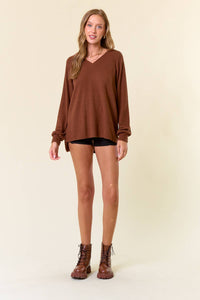 Iris Brushed Rib Double V-Neck Raglan Long Sleeve Sweater Top: Coffee