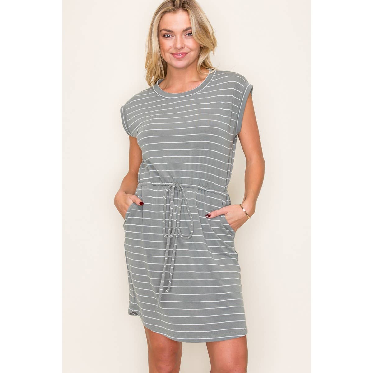 The Tessa Striped T-Shirt Dress – Women’s Casual Drawstring Waist Dress with Pockets | Terry Knit Short Sleeve Lounge Dress