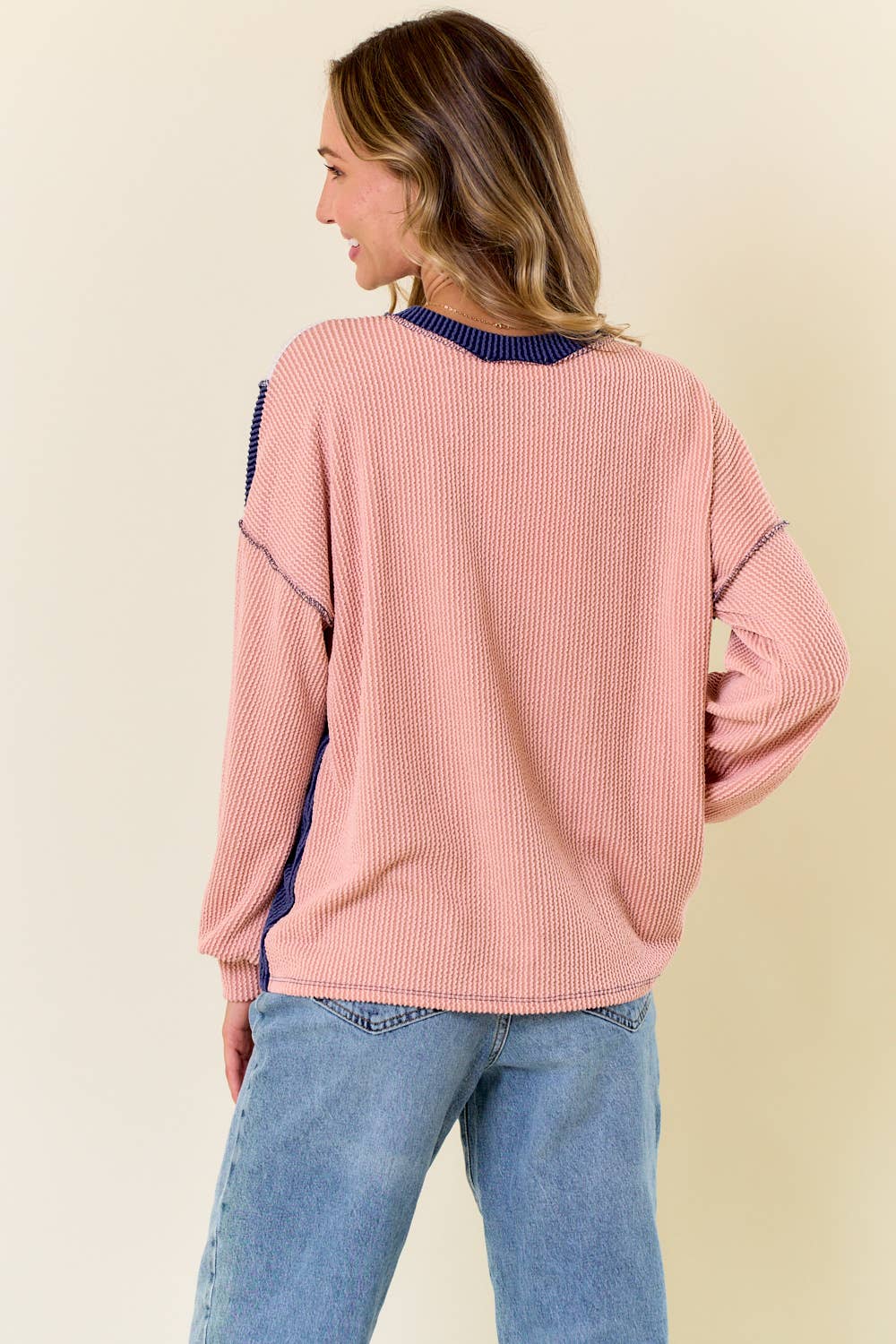 The Clara Colorblock Waffle Knit Henley – Neutral Stripe Patch Pullover