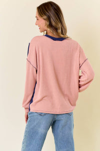 The Clara Colorblock Waffle Knit Henley – Neutral Stripe Patch Pullover
