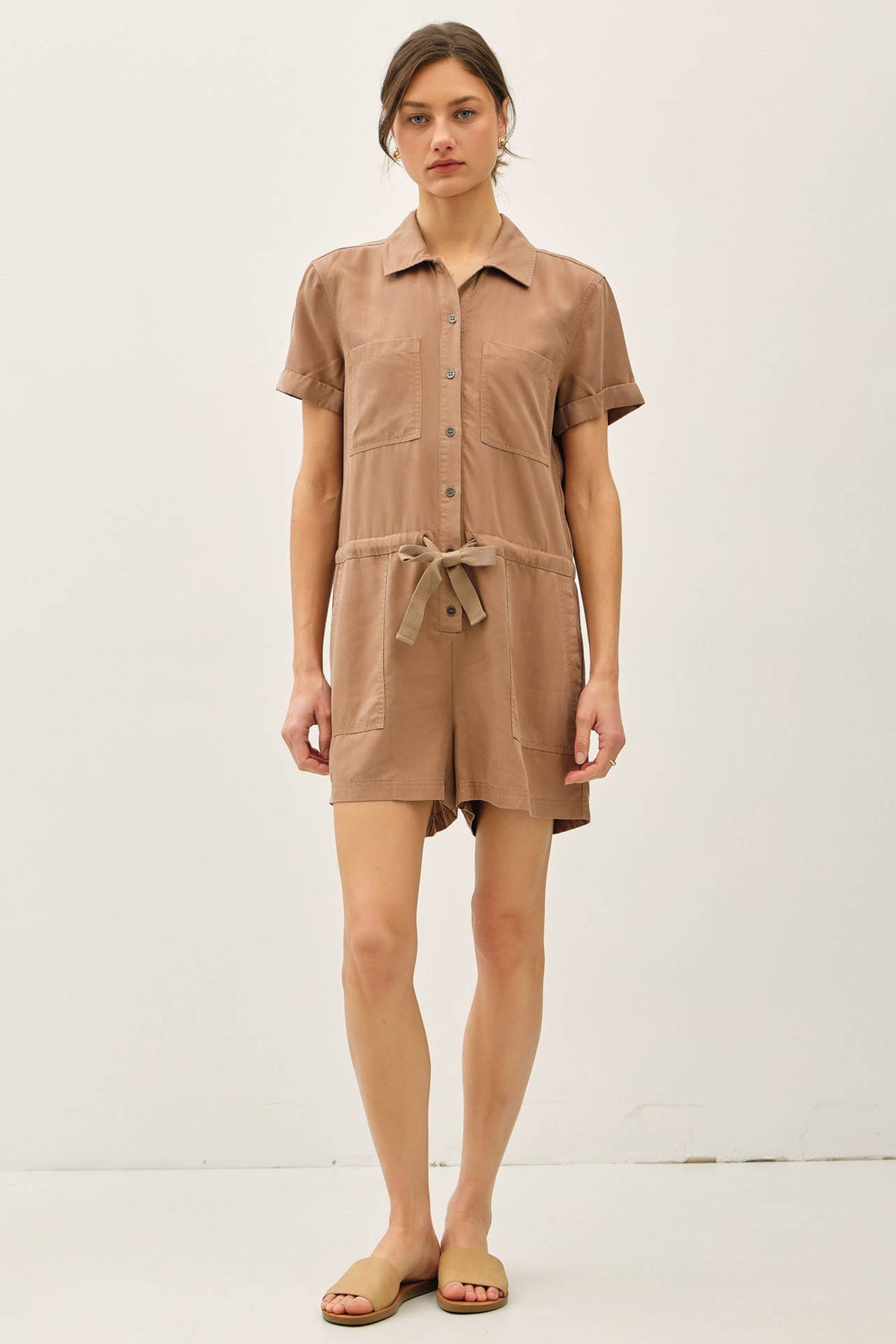 The Harper Button-Up Tencel Romper – Short Sleeve Utility Style