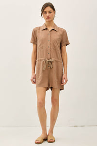 The Harper Button-Up Tencel Romper – Short Sleeve Utility Style