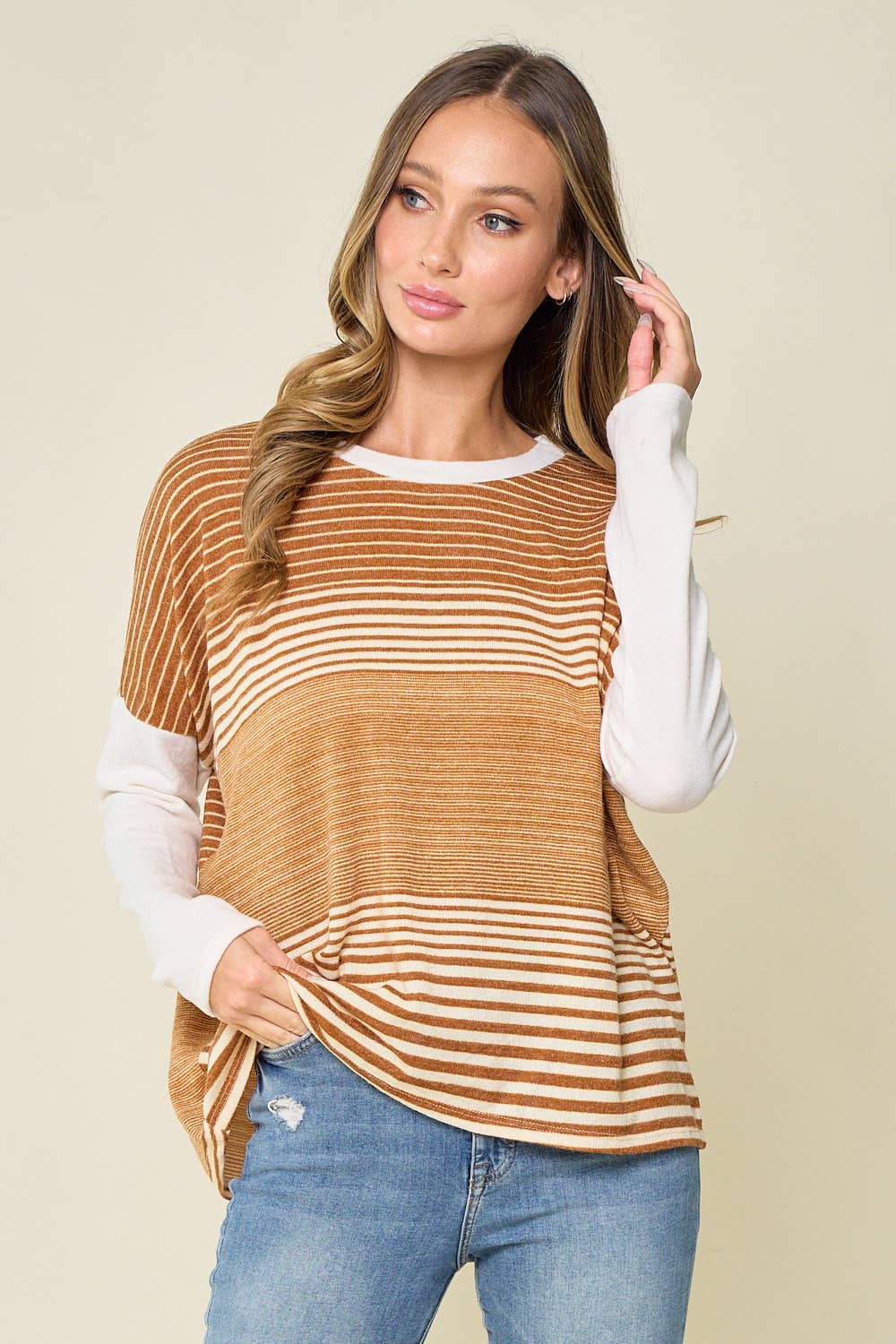 The Hadley Mixed Stripe Long Sleeve Knit Top – Mustard + Ivory Colorblock Pullover