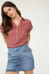 The Presley Striped Button Front Top –Burgundy Collared V-Neck Shirt with Pocket