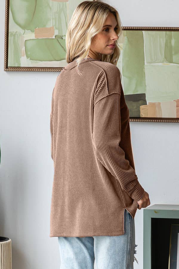 Sadie Ribbed V-Neck Long Sleeve Top – Relaxed Fit Textured Knit