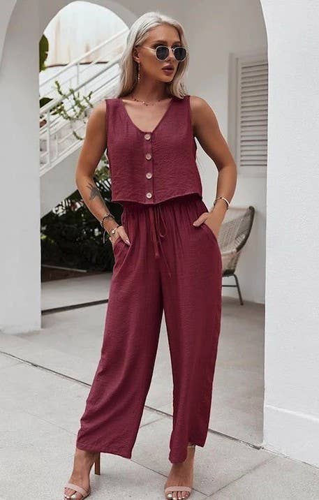 The Tatum Textured Button Set – Sleeveless Crop Top & Wide Leg Pants in Berry Red