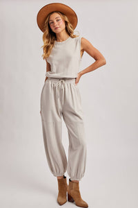 The Waverly Knit Drawstring Jumpsuit – Sleeveless Lounge-to-Live Style in Soft Oatmeal