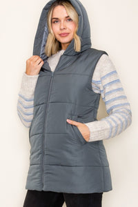 The Briar Hooded Puffer Vest – Gunmetal & Evergreen Mist