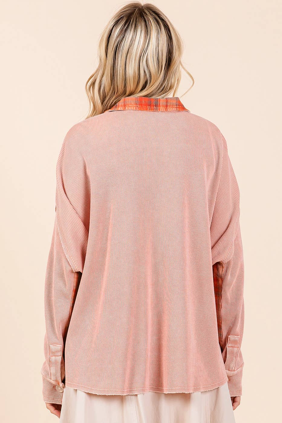 The Jolene Plaid Contrast Waffle Knit Button Down – Mineral Washed Rustic Rose