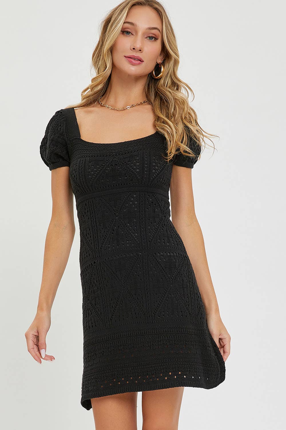 Savannah Black Crochet Mini Dress – Lined Knit Summer Dress with Puff Sleeves