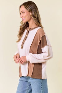 The Clara Colorblock Waffle Knit Henley – Neutral Stripe Patch Pullover