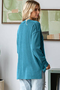 Sadie Ribbed V-Neck Long Sleeve Top – Relaxed Fit Textured Knit