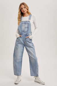 Juniper Barrel Leg Denim Overalls – Vintage Medium Wash Barrel-Leg Overalls with Adjustable Straps
