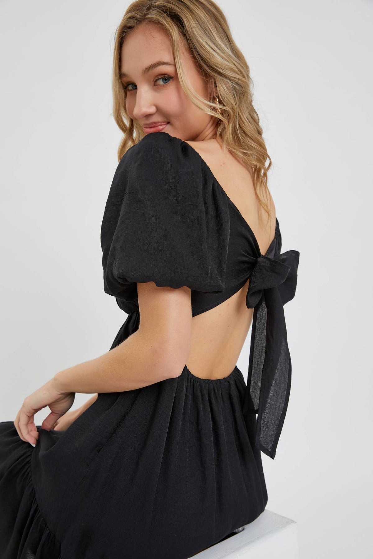 Delilah Black Puff Sleeve Babydoll Mini Dress – Flowy Square Neck Dress for Special Occasion