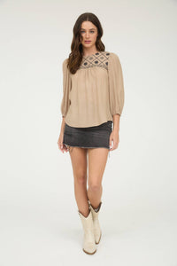 The Rylie Embroidered Yoke Blouse – 3/4 Sleeve Boho Top (Navy or Taupe)