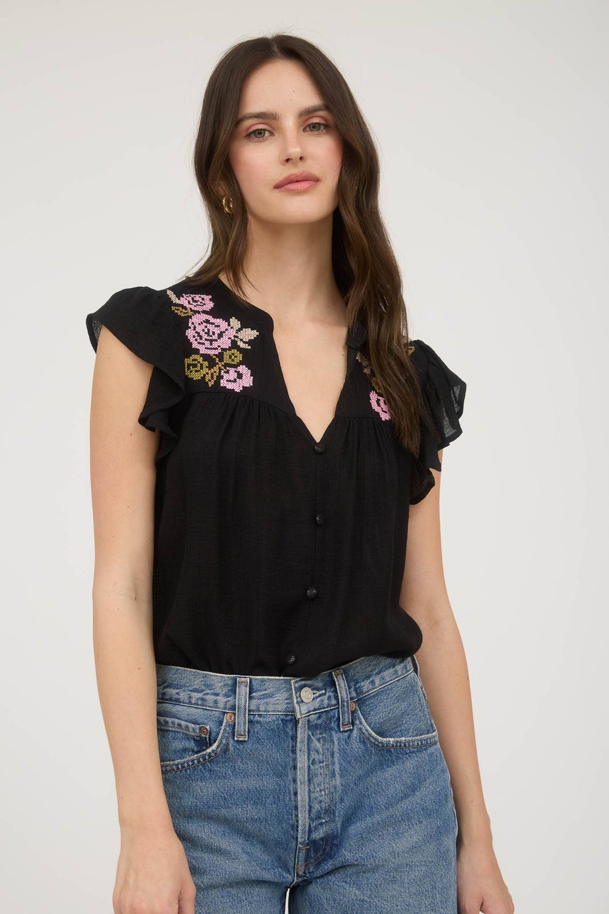 The Callie Embroidered Ruffle Sleeve Top – Black Button Front Blouse