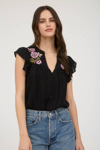 The Callie Embroidered Ruffle Sleeve Top – Black Button Front Blouse