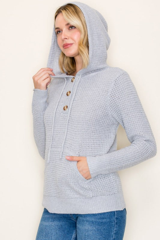 The Marnie Waffle Knit Hoodie – Light Grey Button Neck Pullover