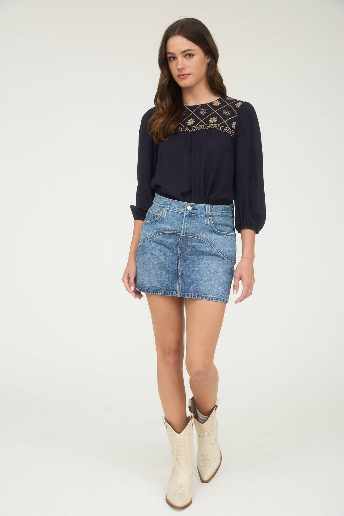 The Rylie Embroidered Yoke Blouse – 3/4 Sleeve Boho Top (Navy or Taupe)